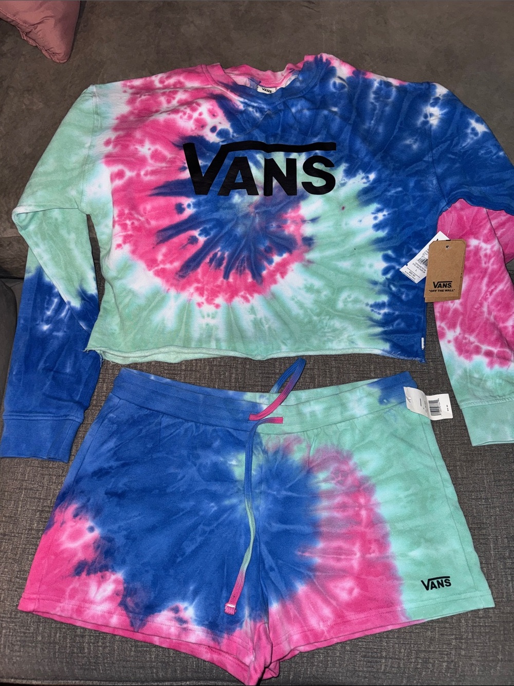 Vans Tie-Dye Cropped Sweatshirt & Shorts Set - Blue Pink Mint